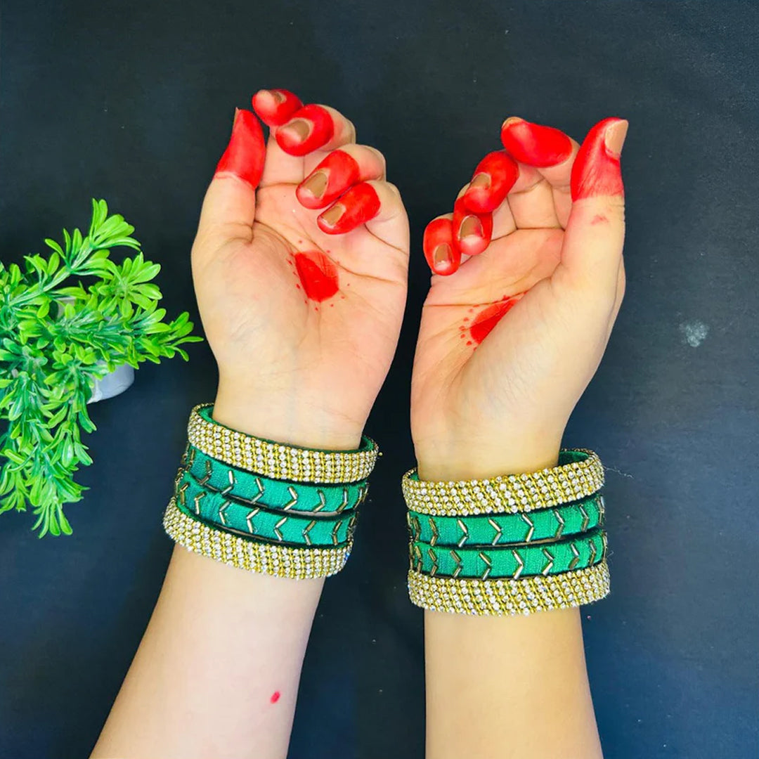 Grace in Green Embroidered Bangles with Golden Shine – 64kala