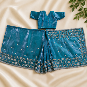 Premium Embroidery Teal Blue Radha Rani Saree