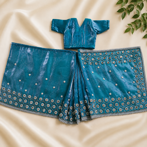 Premium Embroidery Teal Blue Radha Rani Saree