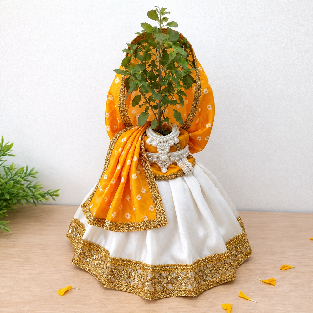 White Tulsi Mata Pot Poshak with Dupatta & Jewelry