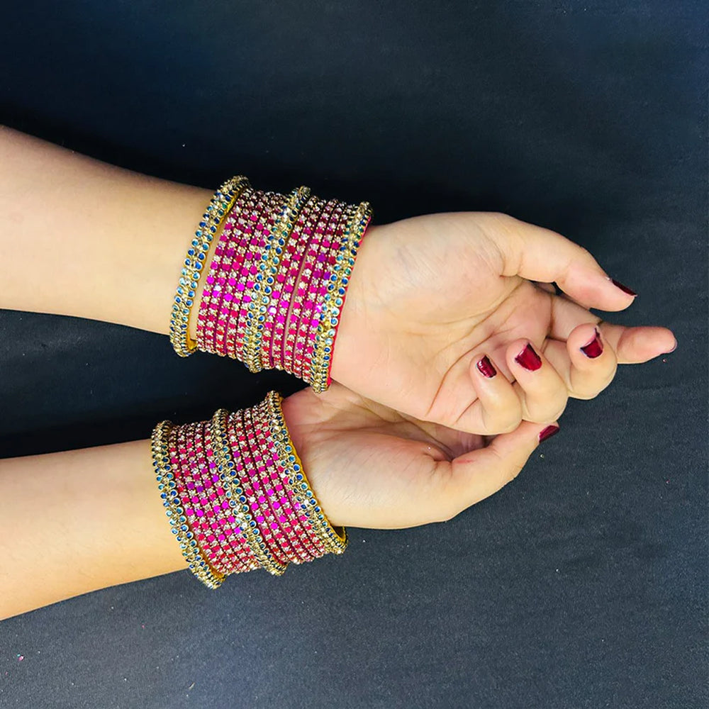 Pink & Blue Stone-Studded Traditional Bangle Set