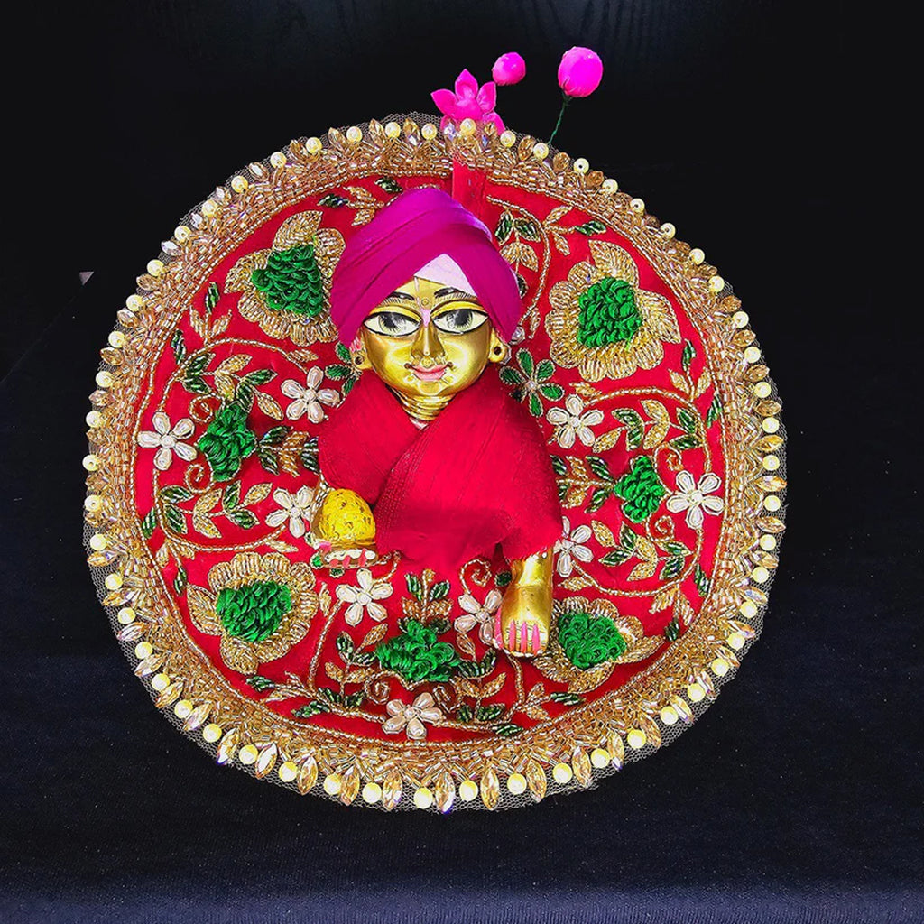 Red Dress with Green & Gold Heavy Hand Embroidery for Laddu Gopal Ji
