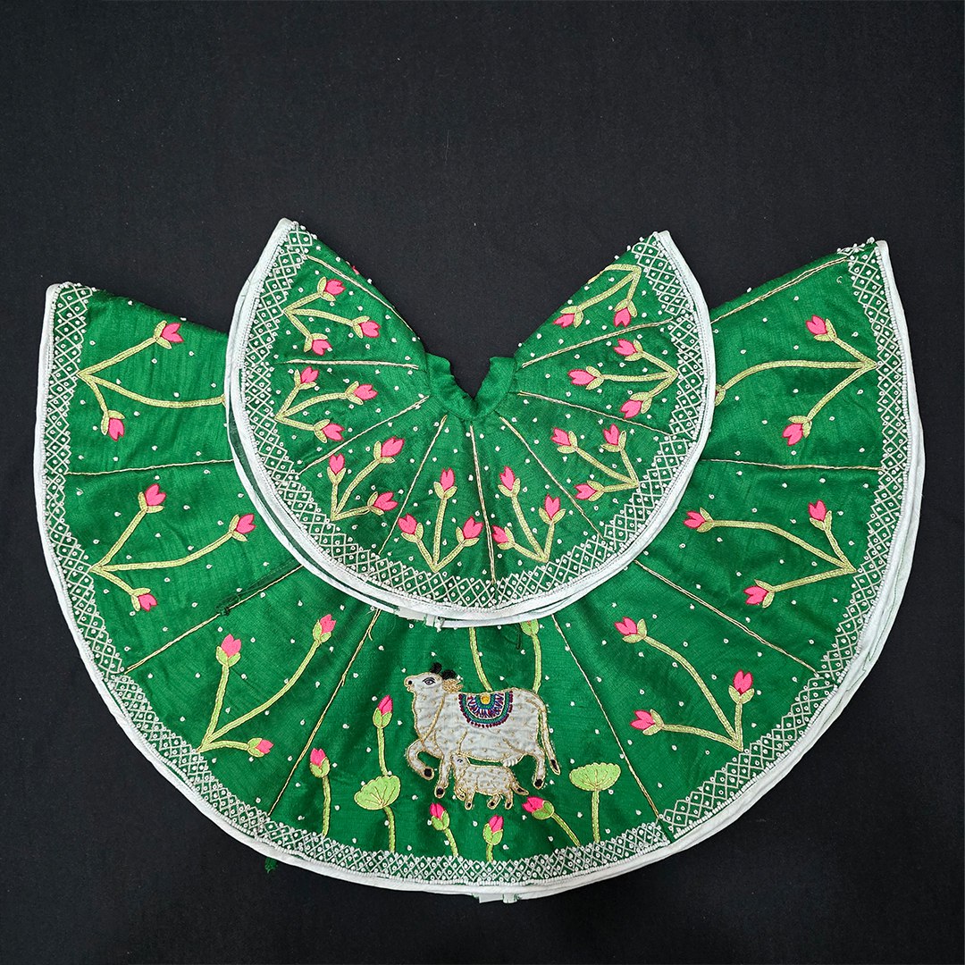 Kamadhenu Cow Green Poshak Heavy Hand Embroidery for Thakur Ji & Radha Rani
