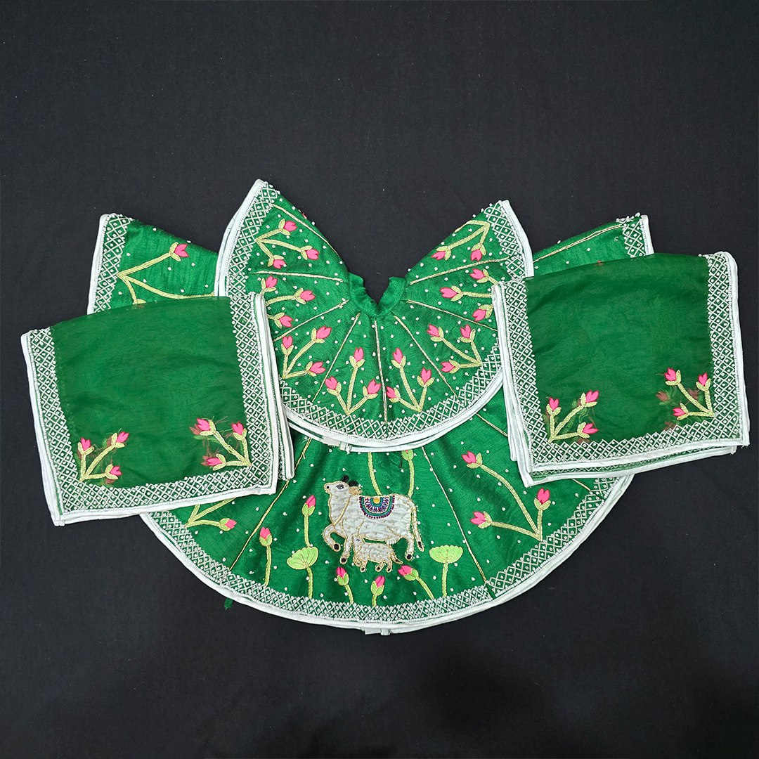 Kamadhenu Cow Green Poshak Heavy Hand Embroidery for Thakur Ji & Radha Rani