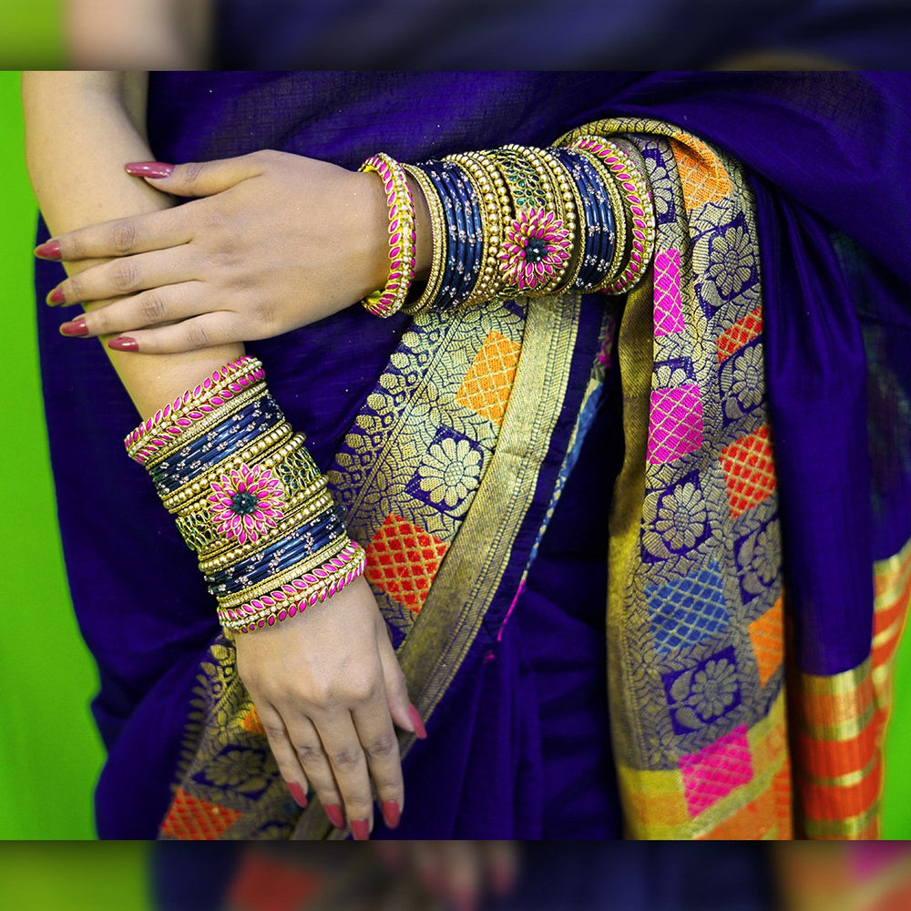 Handmade Blue Kundan & Glass Bangles