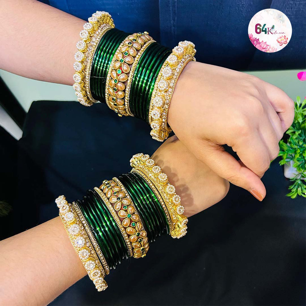 Elegant Green Bangles with Pearl and Kundan Detailing