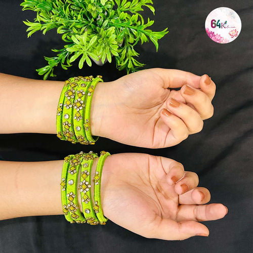 Teej Special Green Fabric Bangles with Kundan Work