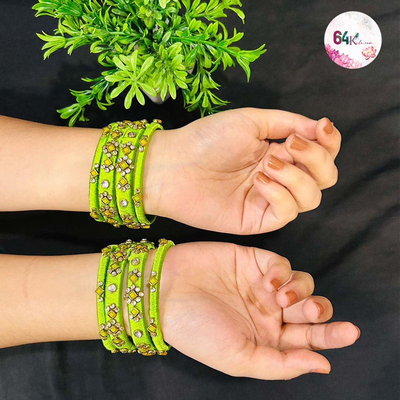 Teej Special Green Fabric Bangles with Kundan Work