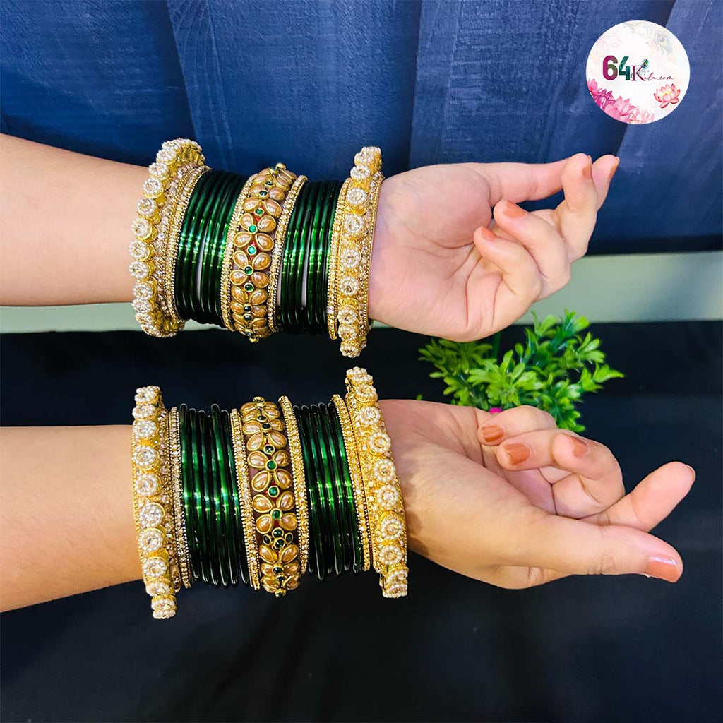 Elegant Green Bangles with Pearl and Kundan Detailing