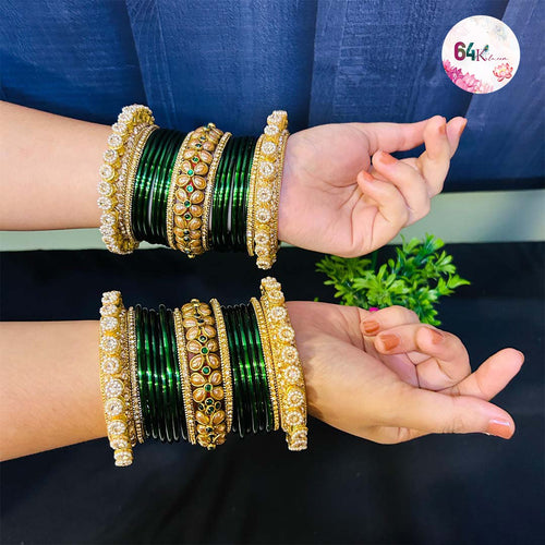 Elegant Green Bangles with Pearl and Kundan Detailing