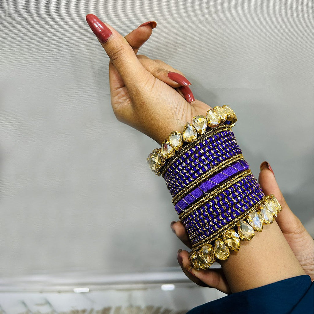 Handmade Purple Rhinestones Silk & Glass Bangles