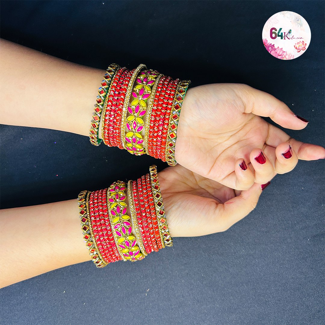 Handcrafted Red Bangles with Golden Mirror Accents