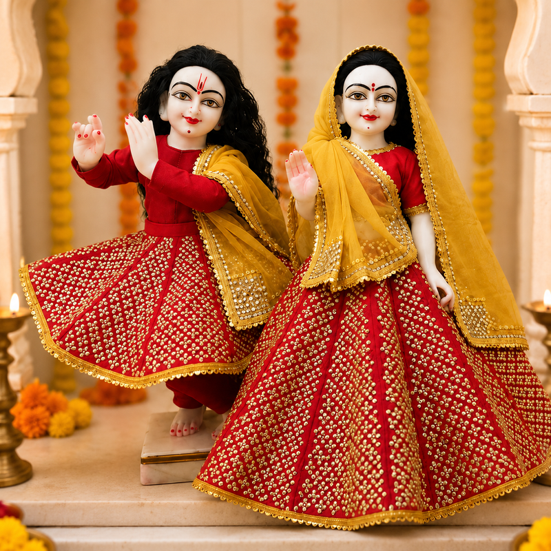 Heavy Hand Embroidered Red & Gold Poshak for Thakur Ji & Radha Rani