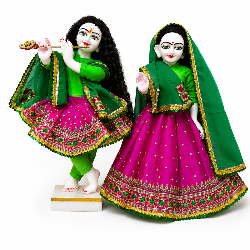 Royal Rani & Dark Green Dupatta Hand Embroidered Poshak for Thakur Ji & Radha Rani