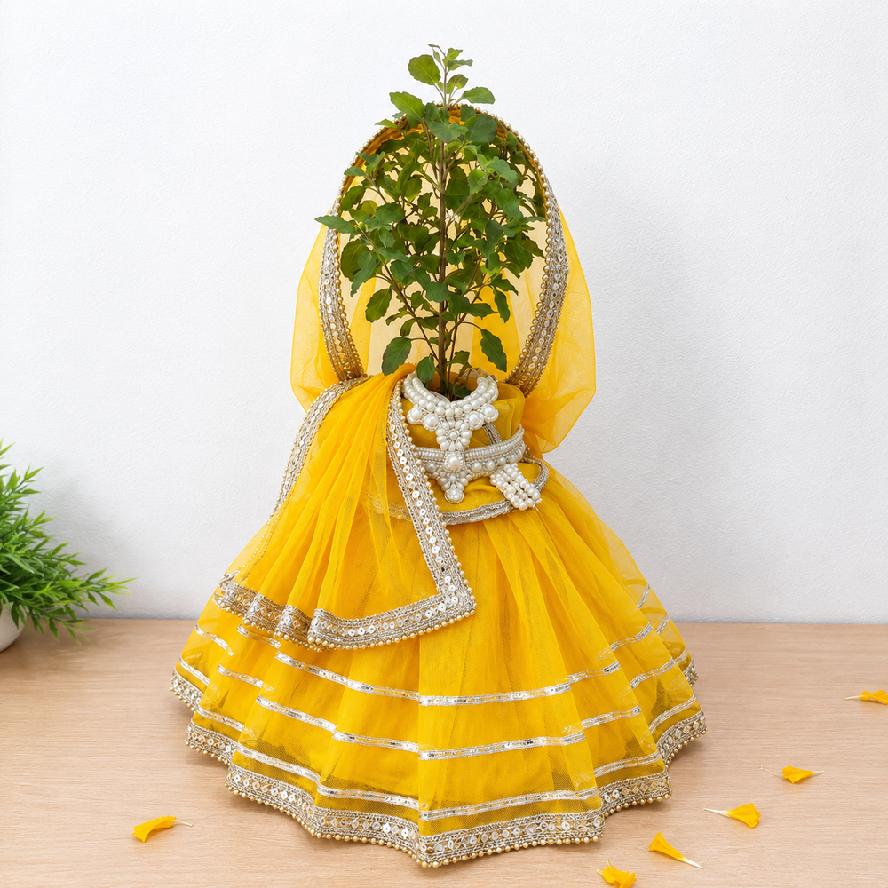 Yellow Tulsi Mata Pot Poshak with Dupatta & Jewelry