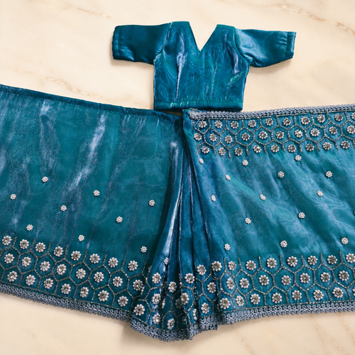 Premium Embroidery Teal Blue Radha Rani Saree
