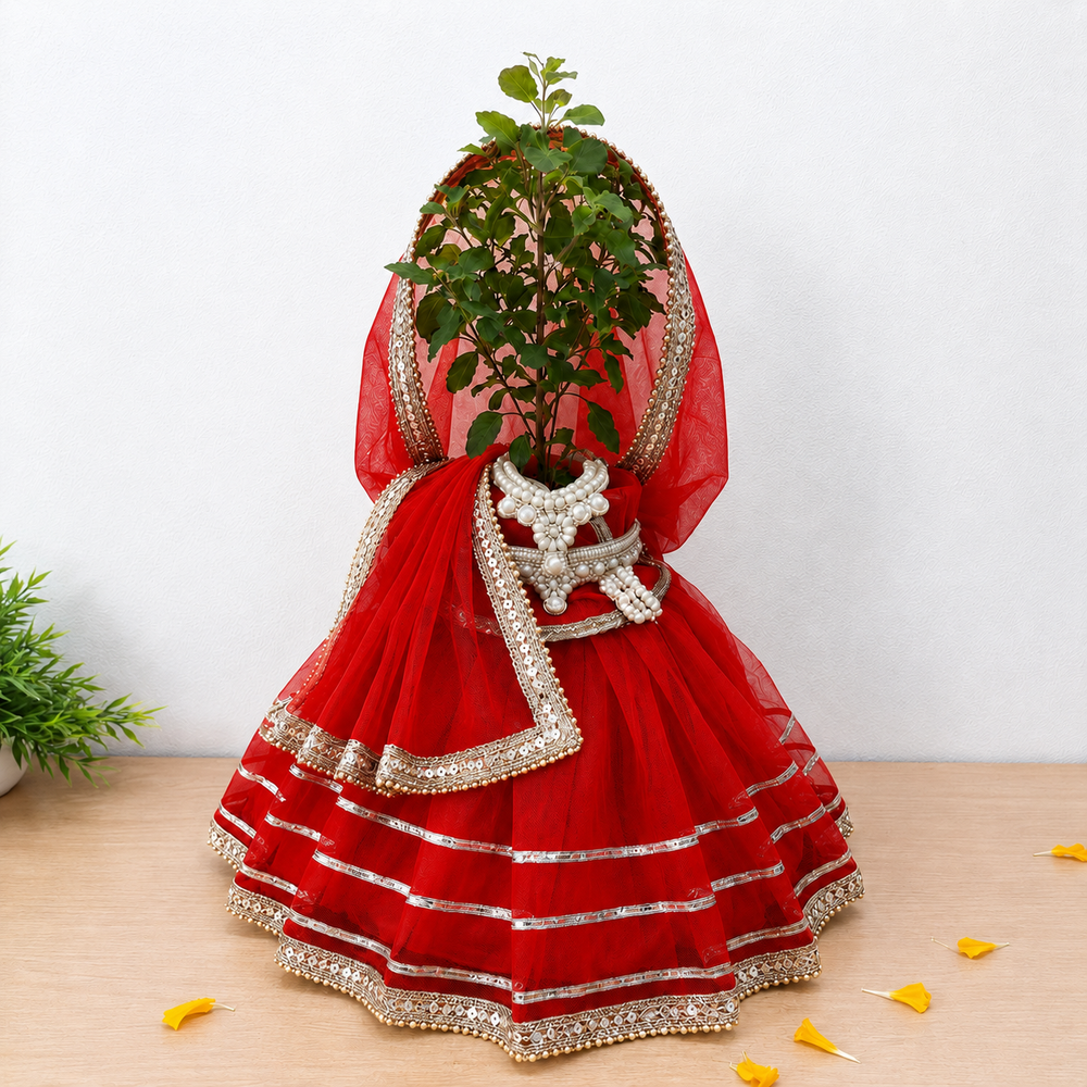 Red Tulsi Mata Pot Poshak with Dupatta & Jewelry