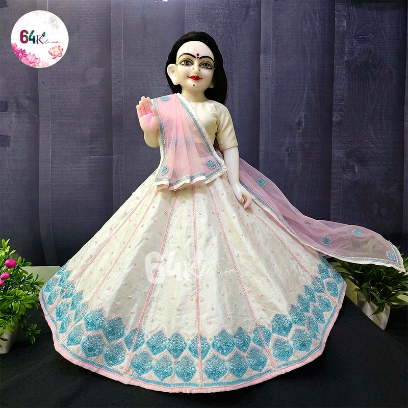 Hand Embroidered White & Sky-Blue Poshak for Thakur Ji & Radha Rani