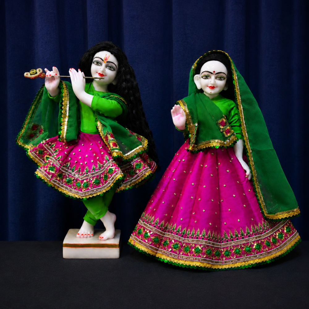 Royal Rani & Dark Green Dupatta Hand Embroidered Poshak for Thakur Ji & Radha Rani