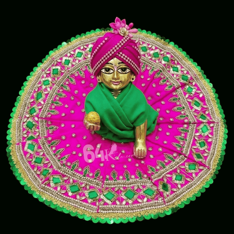 Pink & Dark Green Dupatta Hand Embroidered Poshak for Laddu Gopal Ji