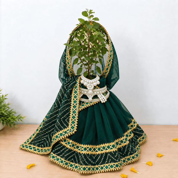 Dark Green Tulsi Mata Pot Poshak with Dupatta & Jewelry
