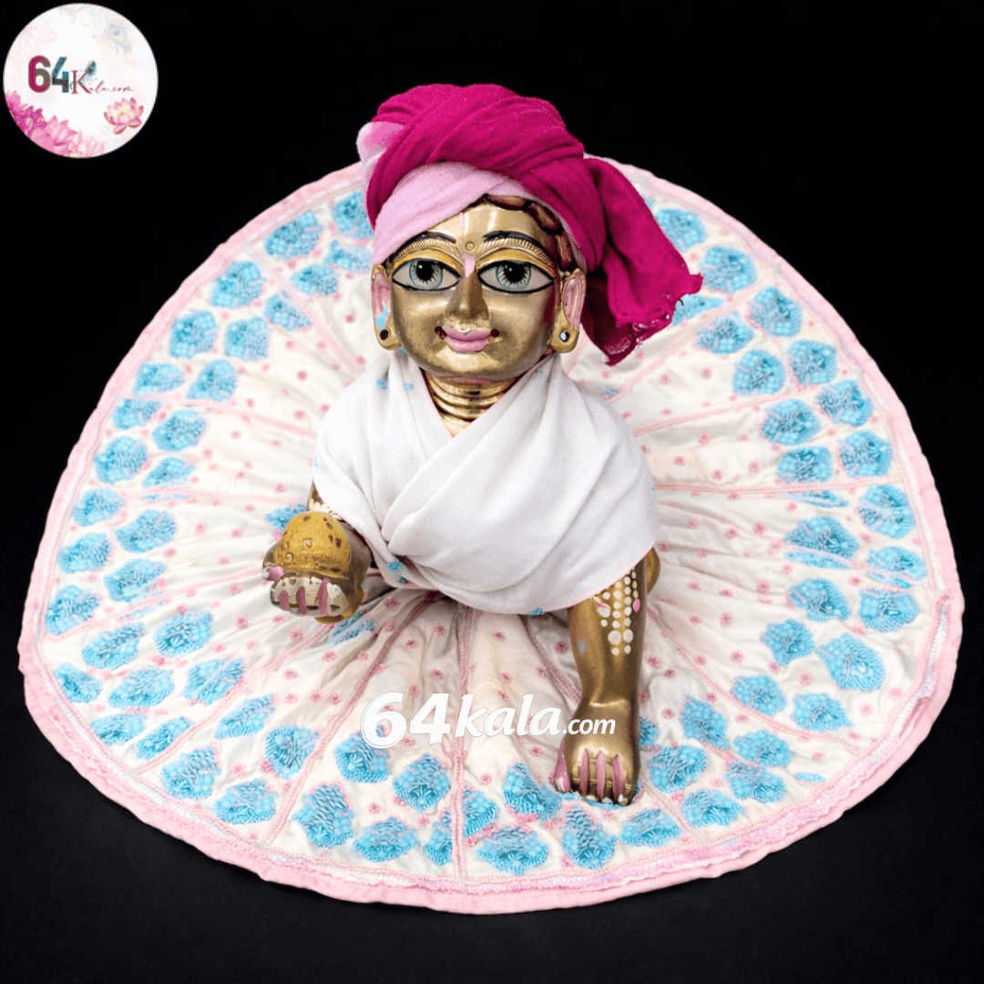 Heavy Hand Embroidered White & Sky-Blue Poshak for Laddu Gopal Ji