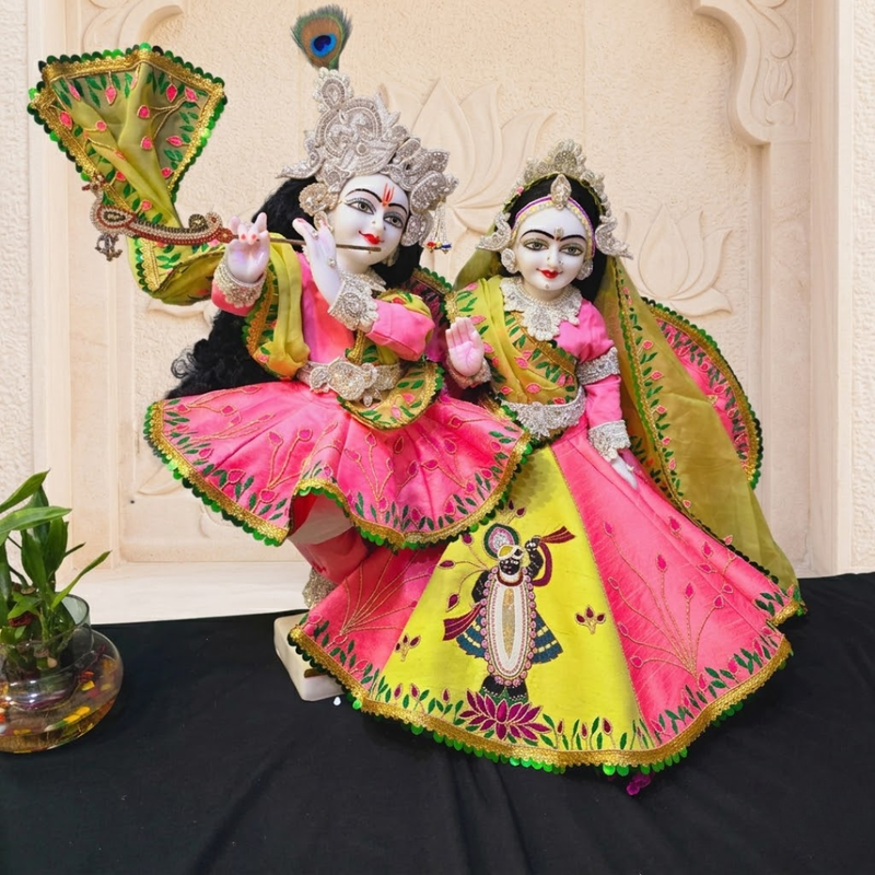 Shri Nath Ji Designer Dress in Pink & Atomic Green for Thakur Ji & Radha Rani