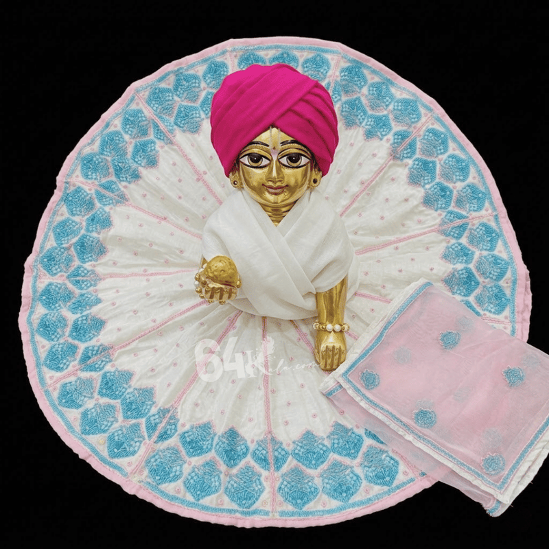 Heavy Hand Embroidered White & Sky-Blue Poshak for Laddu Gopal Ji
