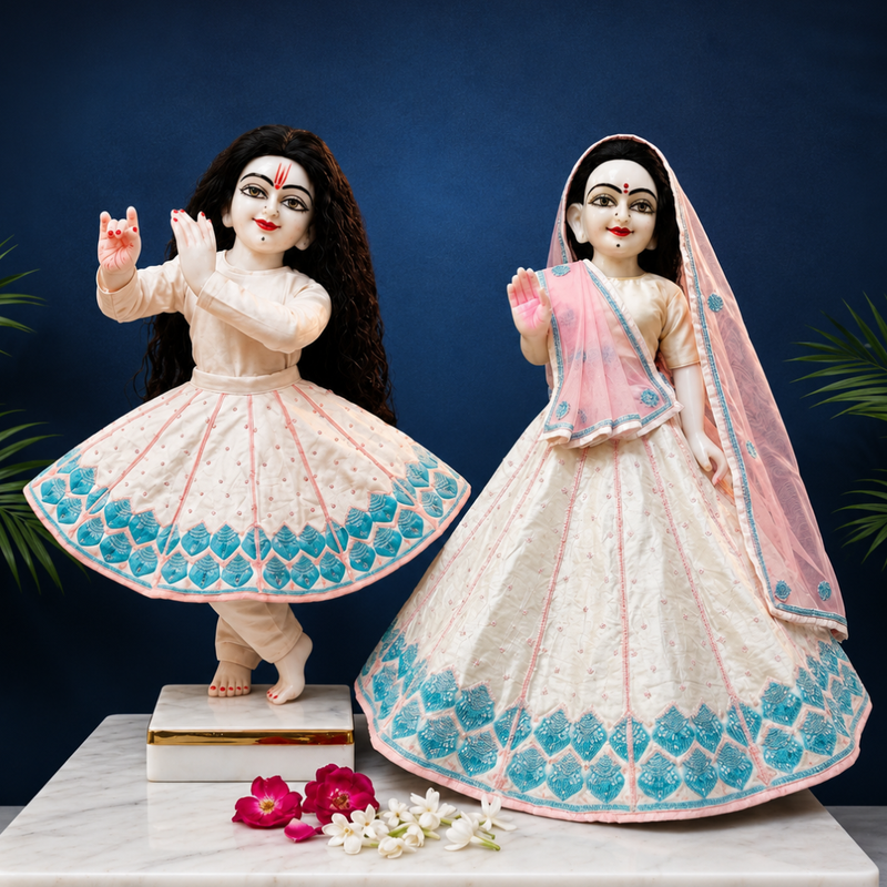 Hand Embroidered White & Sky-Blue Poshak for Thakur Ji & Radha Rani