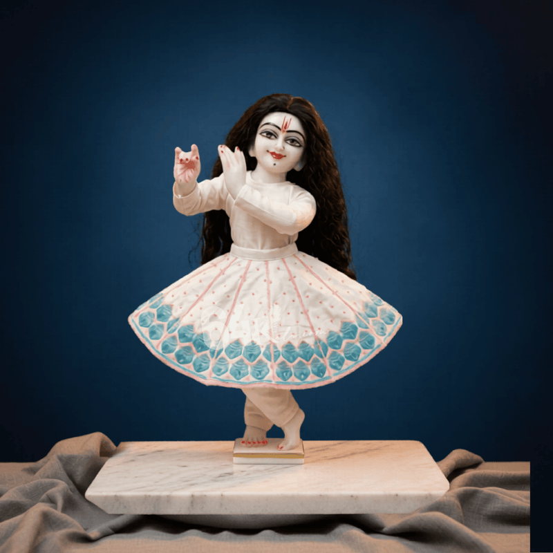 Hand Embroidered White & Sky-Blue Poshak for Thakur Ji & Radha Rani