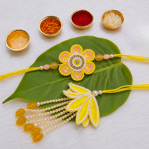 Hand Embroidery Floral Rakhi Yellow Pearl Pair