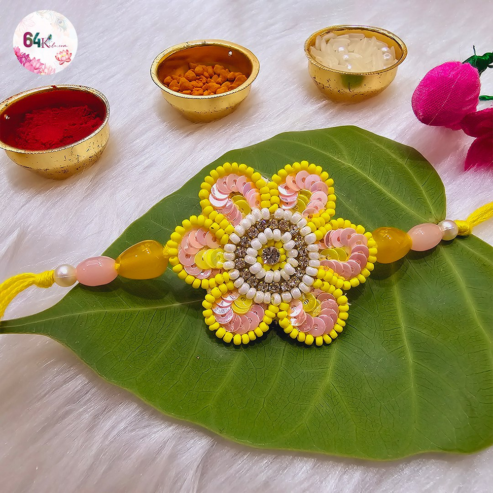 Hand Embroidery Floral Rakhi Yellow Pearl Pair