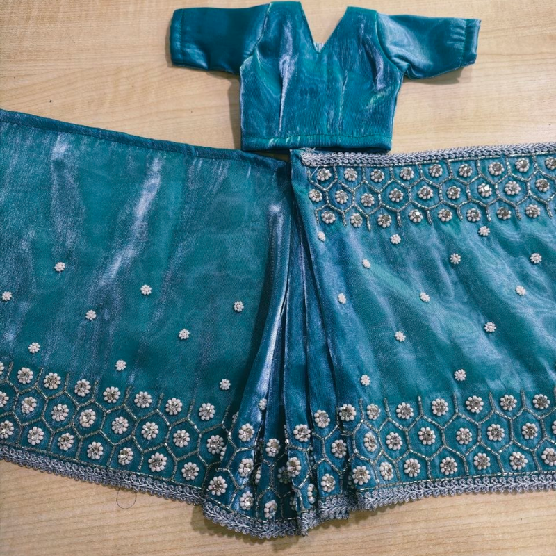 Premium Embroidery Teal Blue Radha Rani Saree