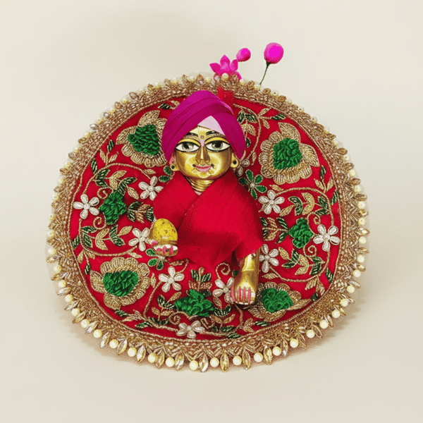 Red Dress with Green & Gold Heavy Hand Embroidery for Laddu Gopal Ji